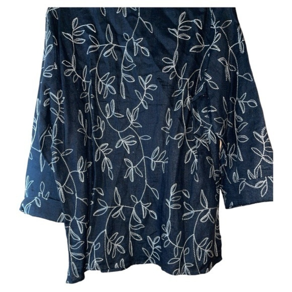 Carole Little Vtg 90s Linen Embroidered Blouse Tunic Black XL Leaf Botanical - Picture 8 of 10